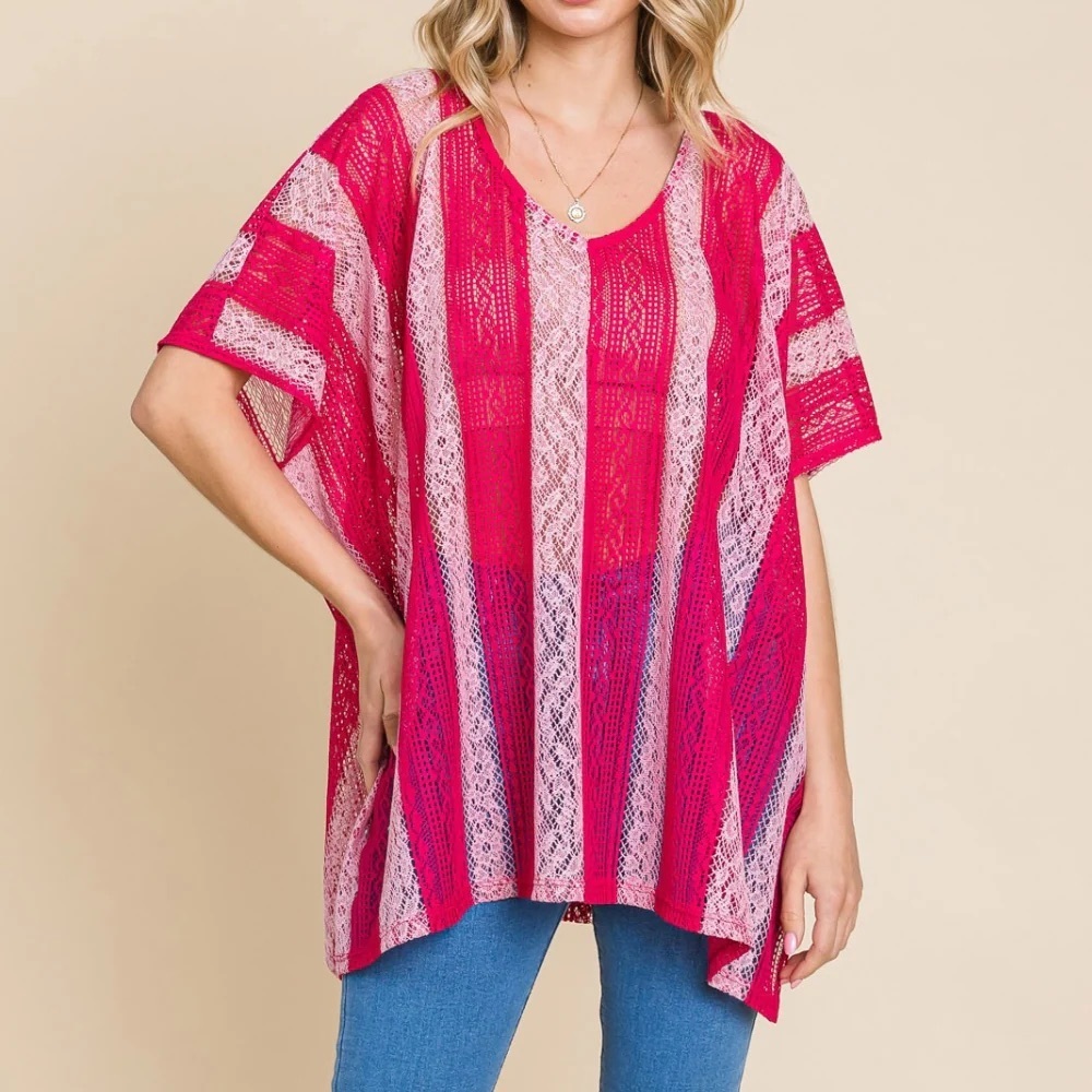 NWOT Cotton Bleu by Nu Label V Neck Drop Shoulder Oversize Top Fuchsia Sz Small